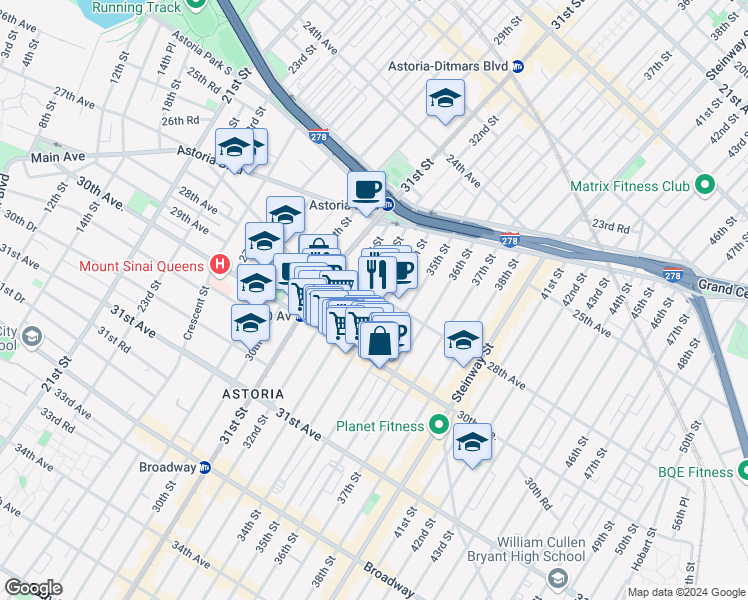 map of restaurants, bars, coffee shops, grocery stores, and more near 28-19 33rd Street in Queens