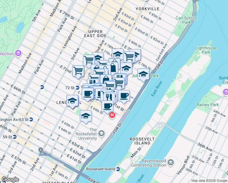 map of restaurants, bars, coffee shops, grocery stores, and more near 1334 York Avenue in New York