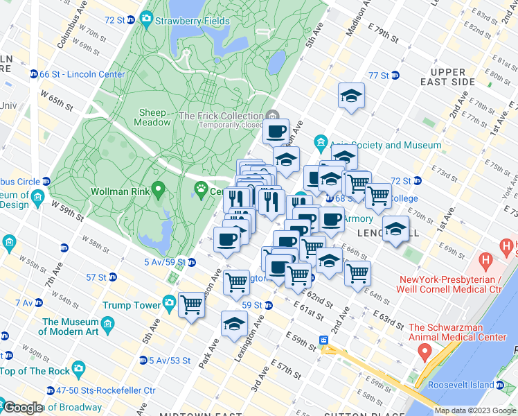 map of restaurants, bars, coffee shops, grocery stores, and more near 42A East 65th Street in New York