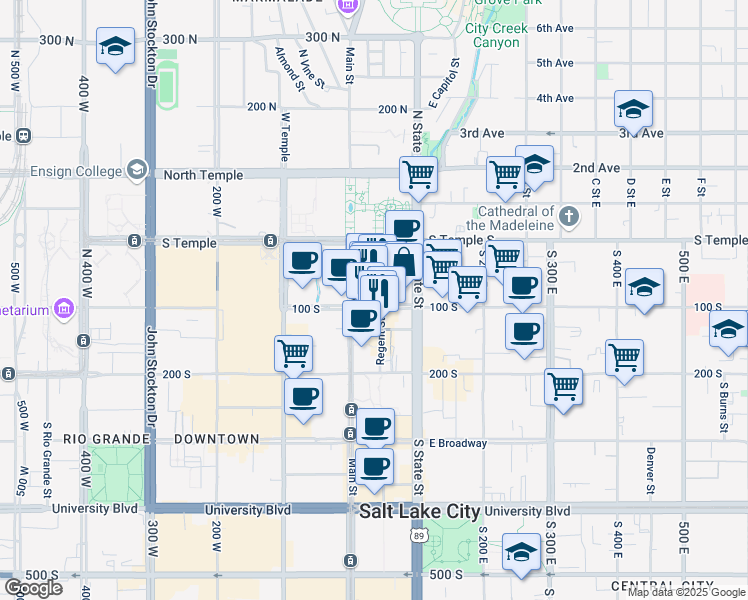 map of restaurants, bars, coffee shops, grocery stores, and more near 35 East 100 South in Salt Lake City