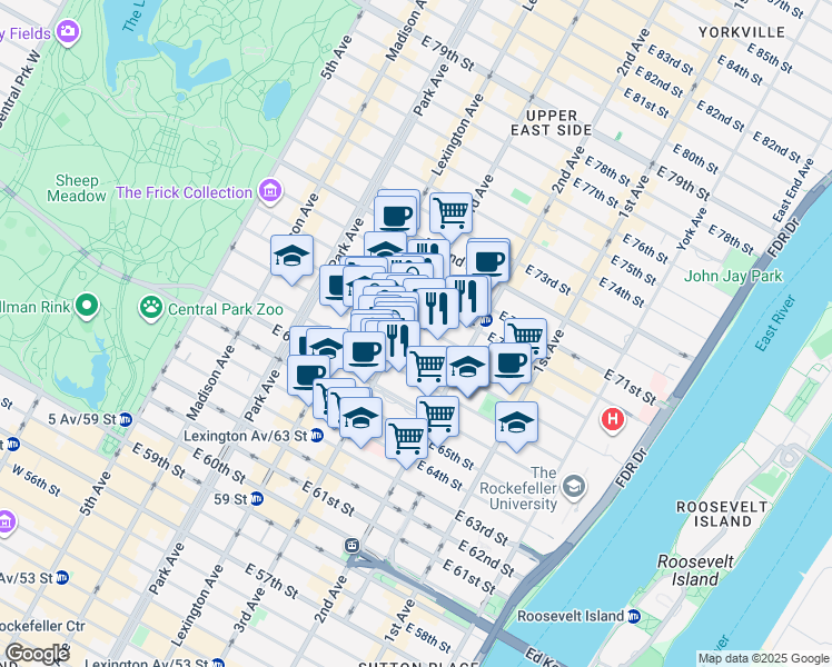 map of restaurants, bars, coffee shops, grocery stores, and more near 202 East 69th Street in New York
