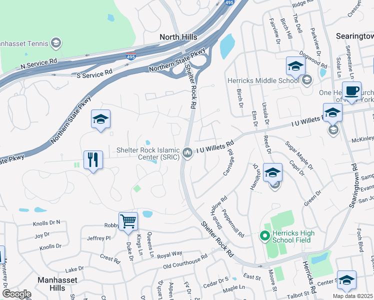 map of restaurants, bars, coffee shops, grocery stores, and more near 157 Shelter Rock Road in Roslyn