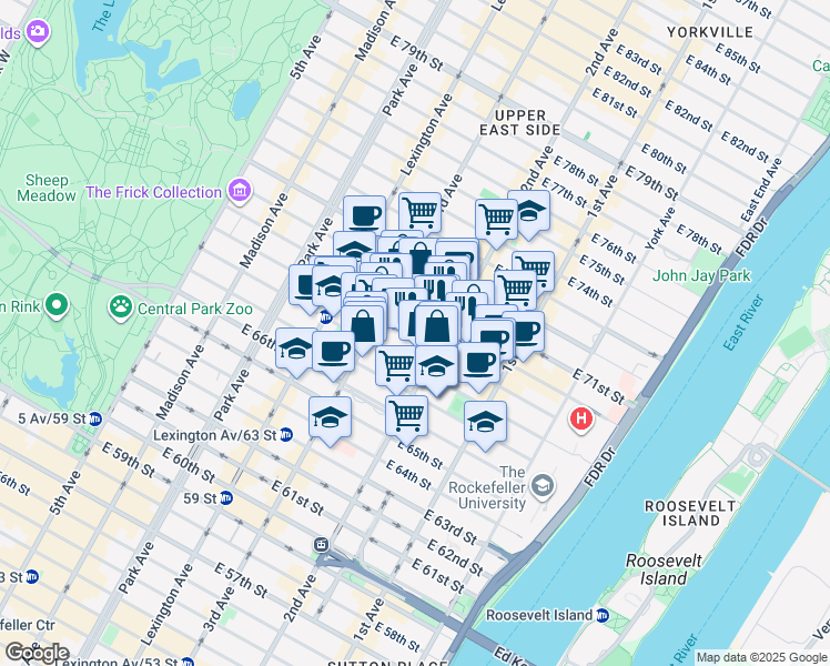 map of restaurants, bars, coffee shops, grocery stores, and more near 221 East 69th Street in New York