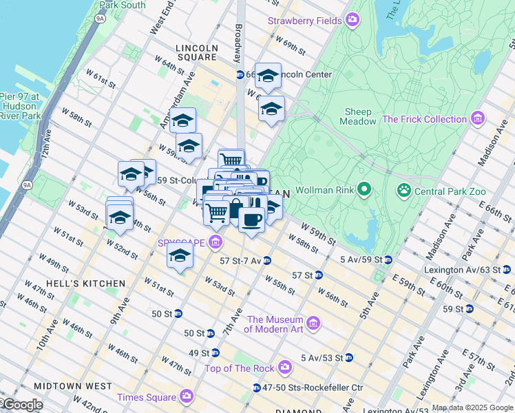 map of restaurants, bars, coffee shops, grocery stores, and more near 240 Central Park South in New York