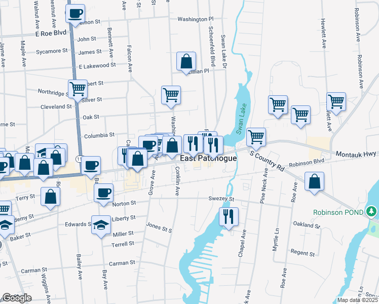 map of restaurants, bars, coffee shops, grocery stores, and more near 475 Montauk Highway in East Patchogue
