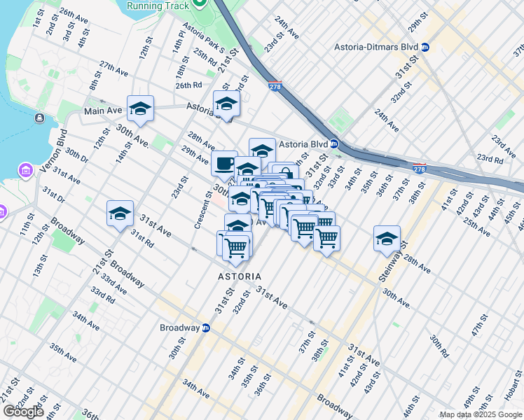 map of restaurants, bars, coffee shops, grocery stores, and more near 3105 30th Avenue in Queens