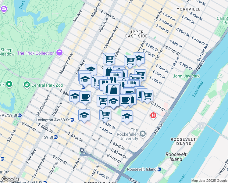 map of restaurants, bars, coffee shops, grocery stores, and more near 266 East 70th Street in New York