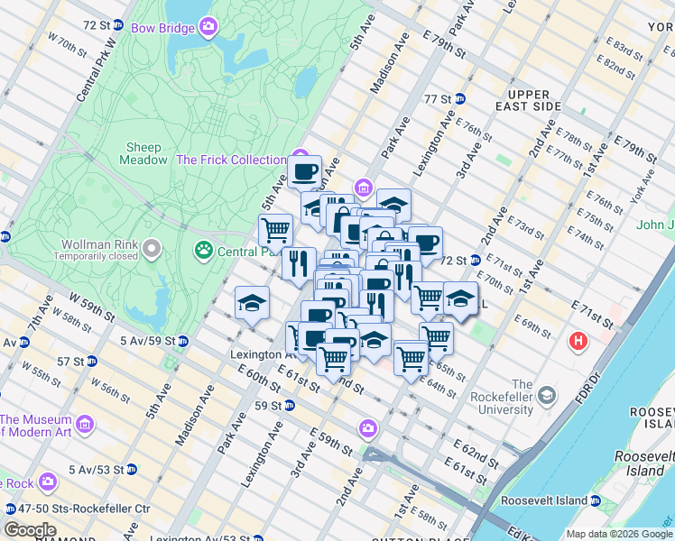 map of restaurants, bars, coffee shops, grocery stores, and more near 645 Park Avenue in New York