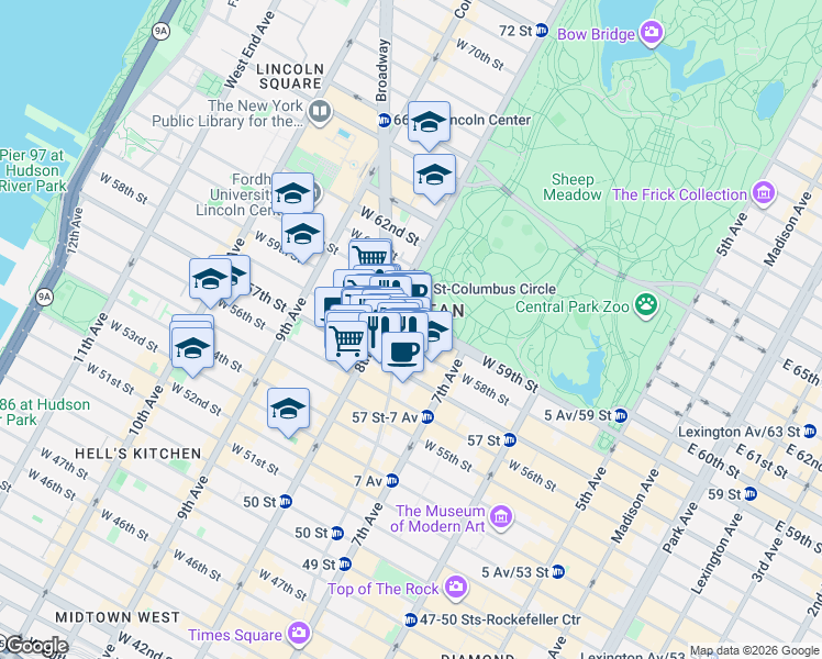 map of restaurants, bars, coffee shops, grocery stores, and more near 240 Central Park South in New York