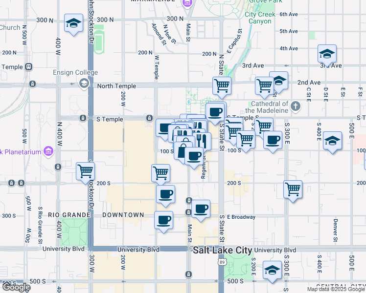 map of restaurants, bars, coffee shops, grocery stores, and more near 10 100 South in Salt Lake City