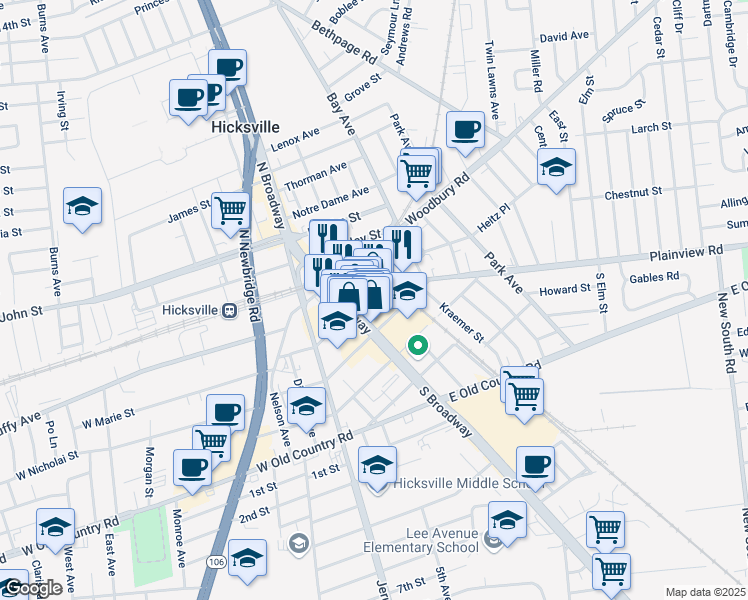 map of restaurants, bars, coffee shops, grocery stores, and more near 105 South Broadway in Hicksville