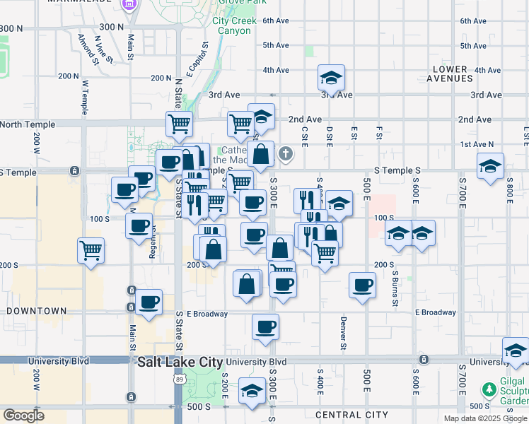 map of restaurants, bars, coffee shops, grocery stores, and more near in Salt Lake City