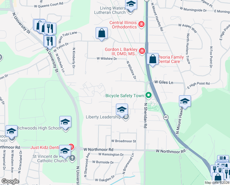 map of restaurants, bars, coffee shops, grocery stores, and more near 6516 North Saint Marys Road in Peoria