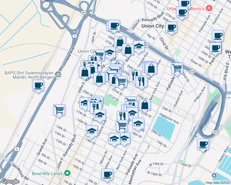 map of restaurants, bars, coffee shops, grocery stores, and more near 716 21st Street in Union City