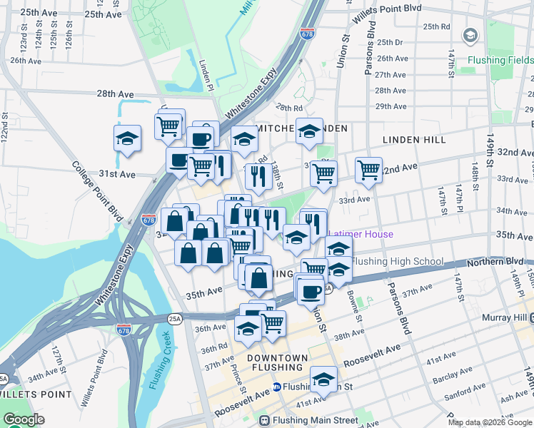 map of restaurants, bars, coffee shops, grocery stores, and more near 32-21 Linden Place in Queens