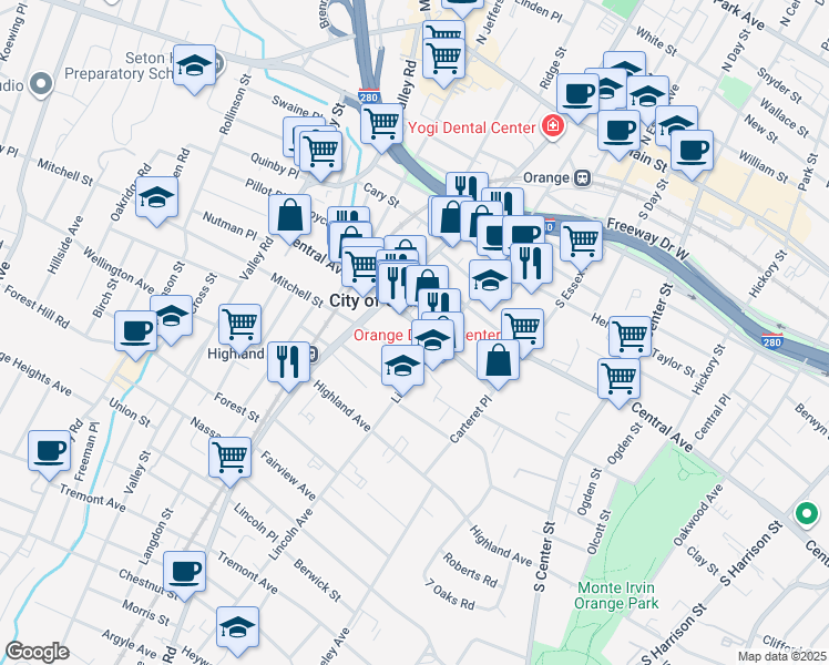 map of restaurants, bars, coffee shops, grocery stores, and more near 432 Central Avenue in City of Orange