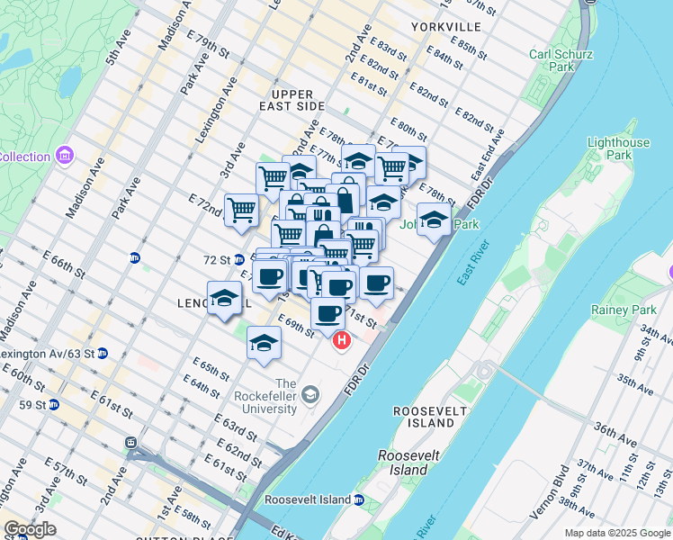 map of restaurants, bars, coffee shops, grocery stores, and more near 1334 York Avenue in New York