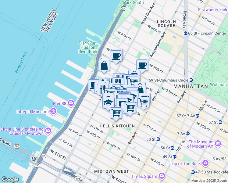 map of restaurants, bars, coffee shops, grocery stores, and more near 528 West 53rd Street in New York