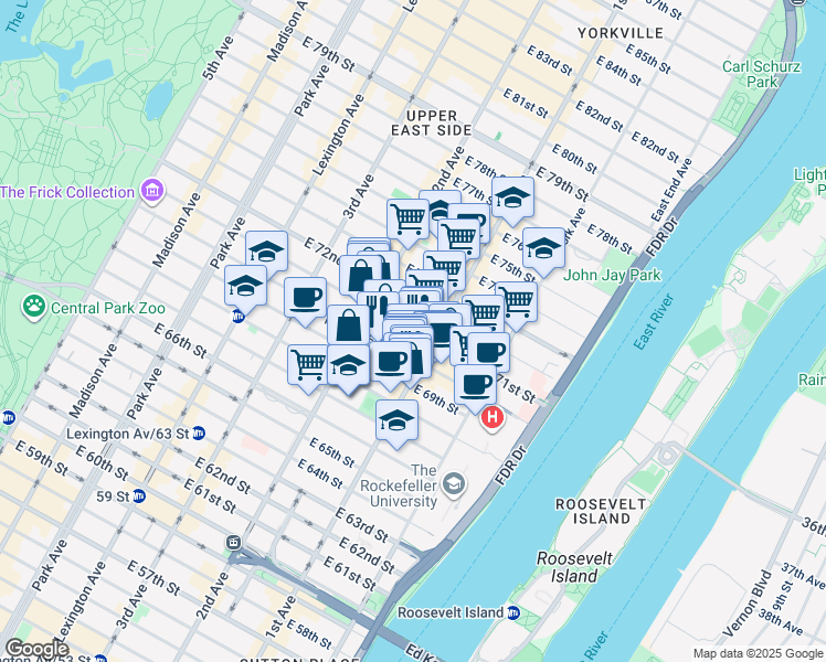 map of restaurants, bars, coffee shops, grocery stores, and more near 345 East 71st Street in New York