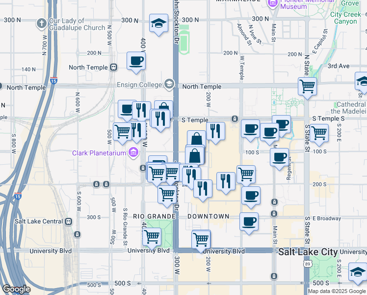 map of restaurants, bars, coffee shops, grocery stores, and more near 268 West 100 South in Salt Lake City