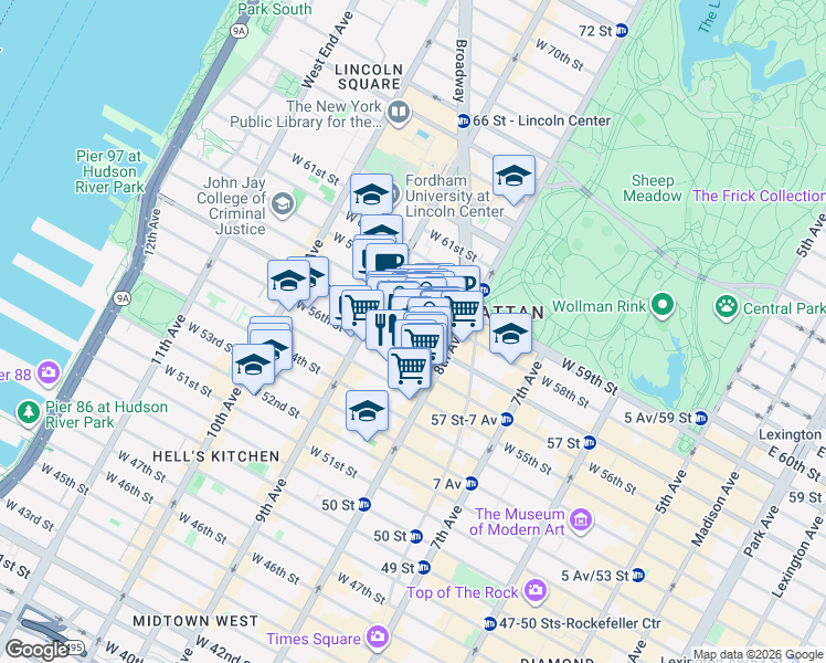 map of restaurants, bars, coffee shops, grocery stores, and more near 327 West 57th Street in New York
