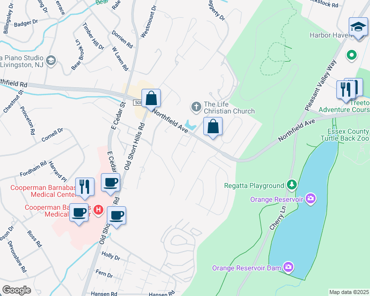 map of restaurants, bars, coffee shops, grocery stores, and more near 760 Northfield Avenue in West Orange