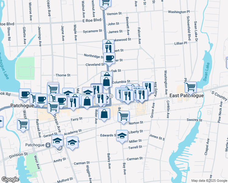 map of restaurants, bars, coffee shops, grocery stores, and more near 17 Medford Avenue in Patchogue