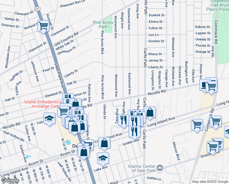 map of restaurants, bars, coffee shops, grocery stores, and more near 6 Westwood Avenue in Deer Park