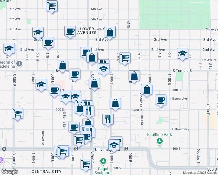 map of restaurants, bars, coffee shops, grocery stores, and more near 40 South 800 East in Salt Lake City