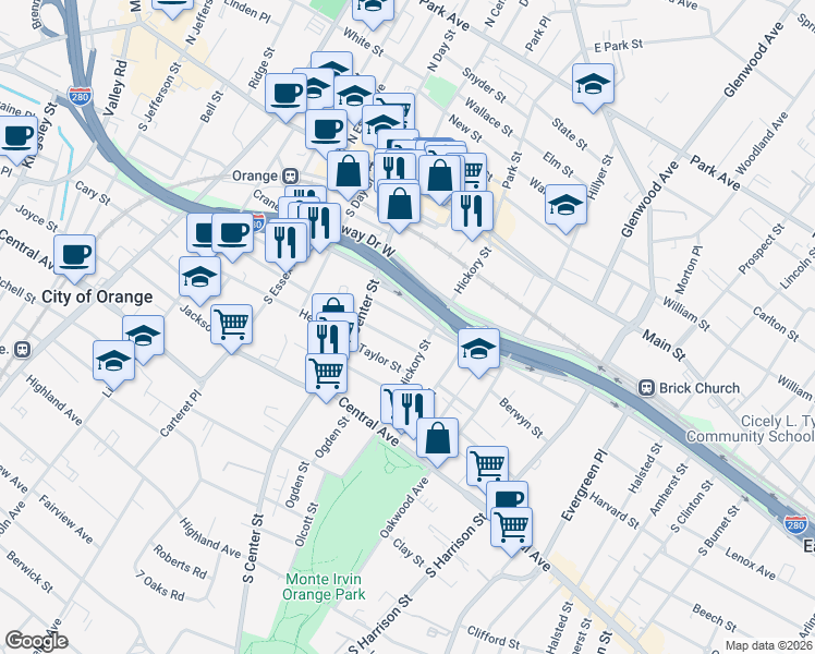 map of restaurants, bars, coffee shops, grocery stores, and more near 172 Parrow Street in City of Orange