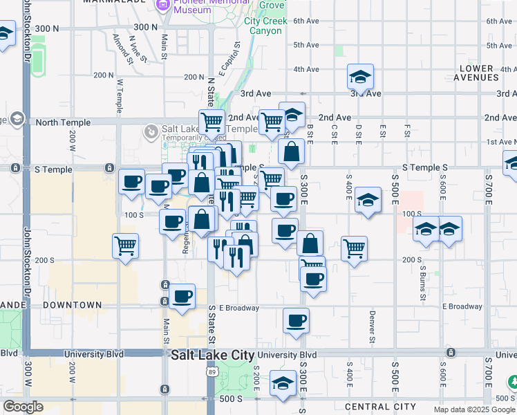 map of restaurants, bars, coffee shops, grocery stores, and more near 101 South 200 East in Salt Lake City