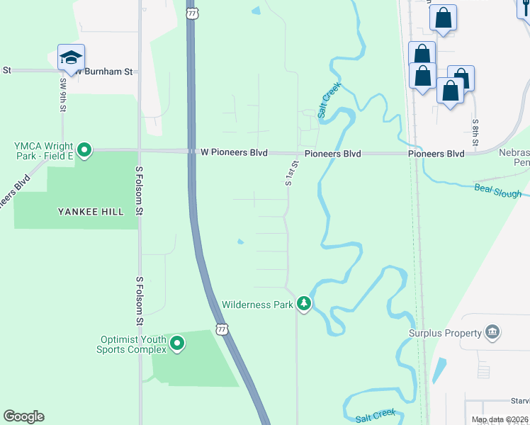 map of restaurants, bars, coffee shops, grocery stores, and more near 5001 South 1st Street in Lincoln