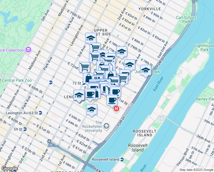 map of restaurants, bars, coffee shops, grocery stores, and more near 420 East 72nd Street in New York