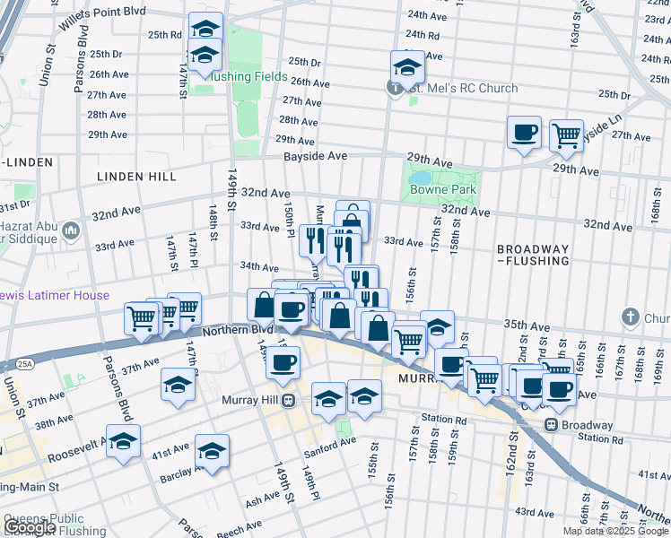 map of restaurants, bars, coffee shops, grocery stores, and more near 151-09 34th Avenue in Queens