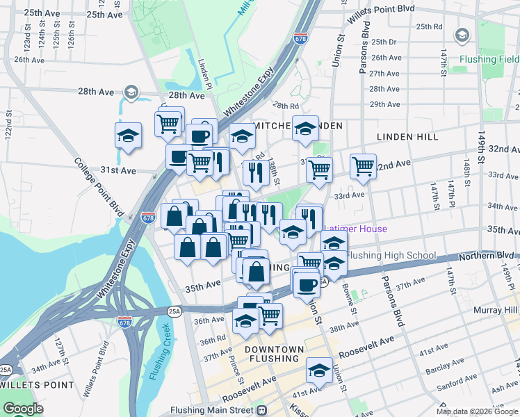 map of restaurants, bars, coffee shops, grocery stores, and more near 32-21 Linden Place in Queens