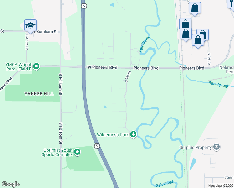 map of restaurants, bars, coffee shops, grocery stores, and more near 5001 South 1st Street in Lincoln