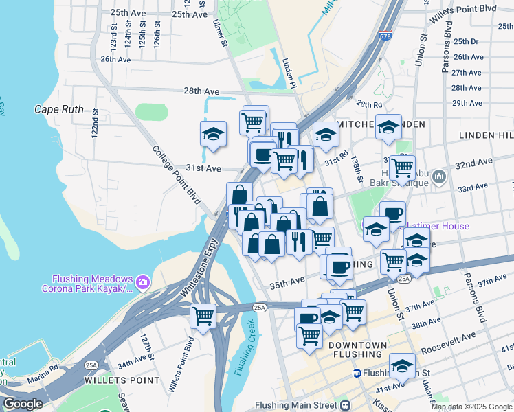 map of restaurants, bars, coffee shops, grocery stores, and more near 133-5 32nd Avenue in Queens