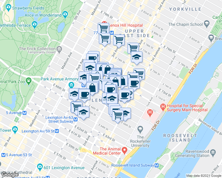 map of restaurants, bars, coffee shops, grocery stores, and more near 215 East 68th Street in New York
