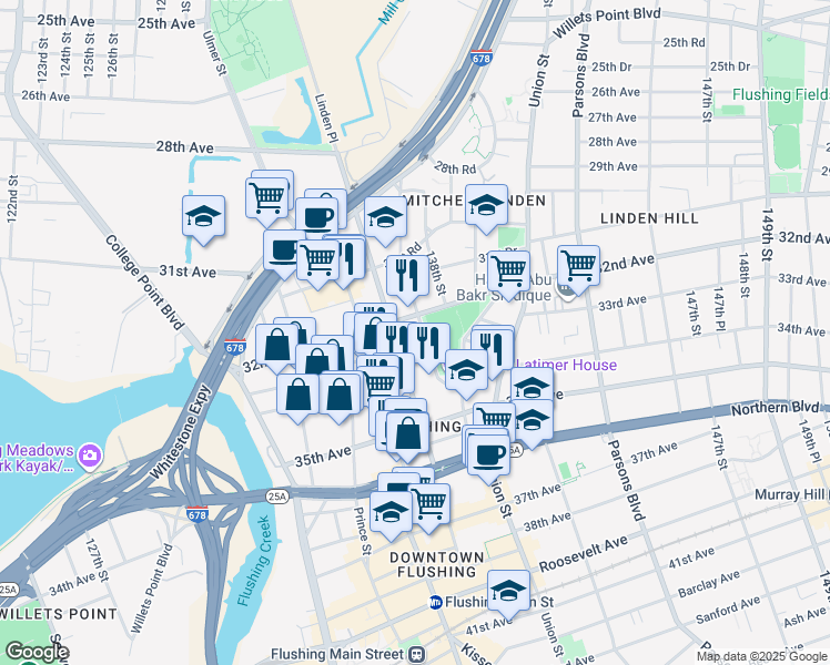 map of restaurants, bars, coffee shops, grocery stores, and more near 32-25 Linden Place in Queens