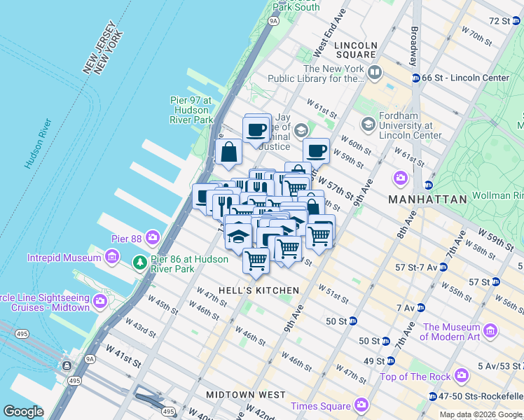map of restaurants, bars, coffee shops, grocery stores, and more near 528 West 53rd Street in New York