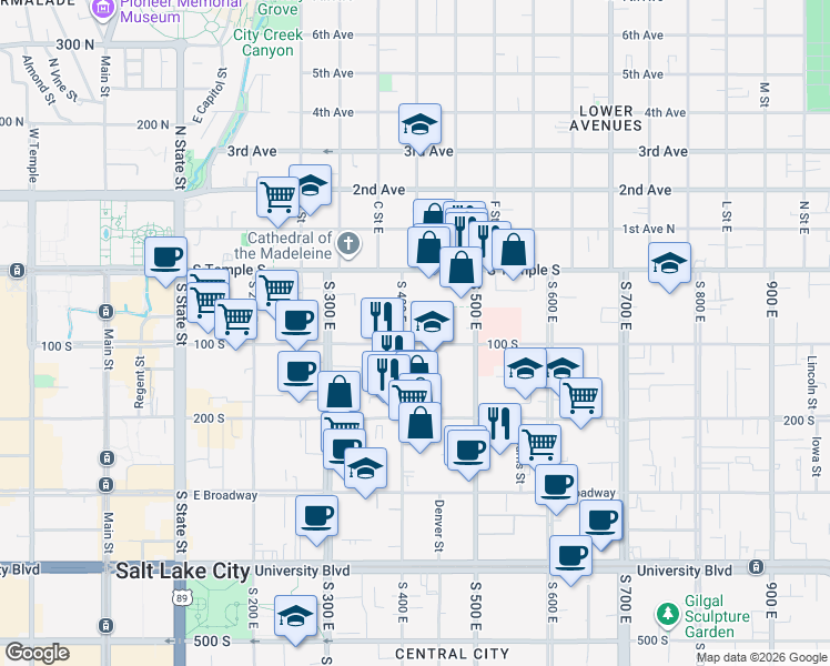map of restaurants, bars, coffee shops, grocery stores, and more near 411 East 100 South in Salt Lake City