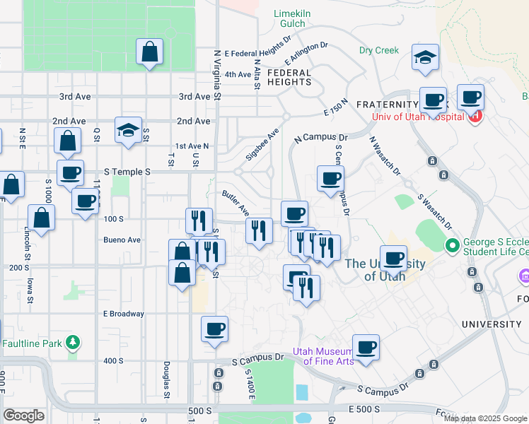 map of restaurants, bars, coffee shops, grocery stores, and more near 95 South Wolcott Street in Salt Lake City