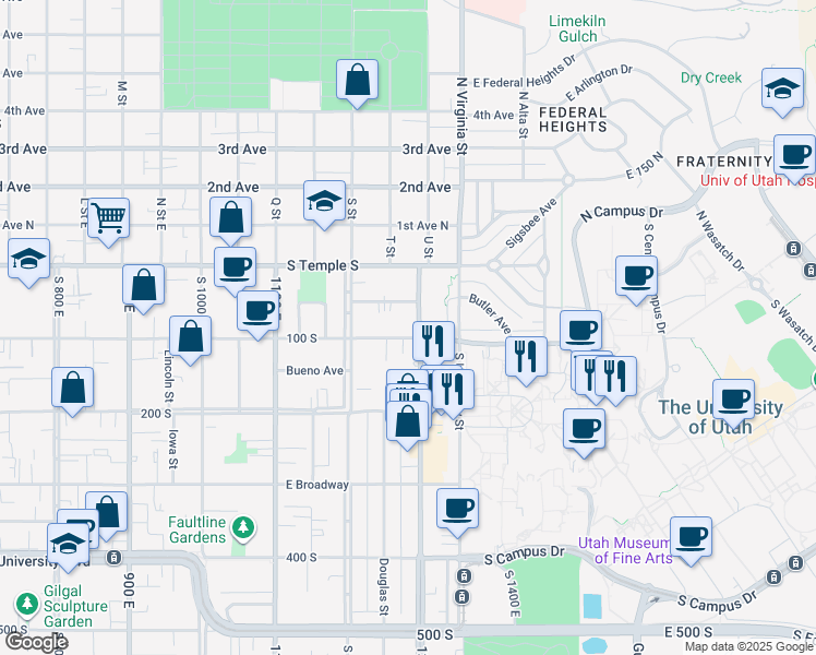 map of restaurants, bars, coffee shops, grocery stores, and more near 1250 East 100 South in Salt Lake City