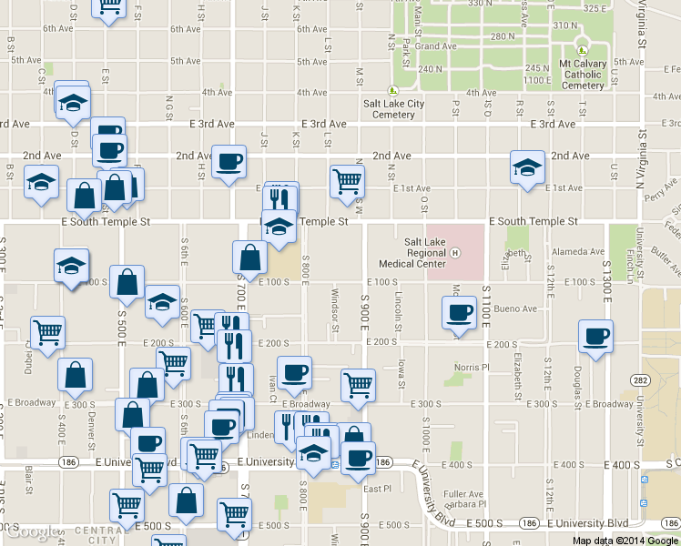map of restaurants, bars, coffee shops, grocery stores, and more near 836 100 South in Salt Lake City