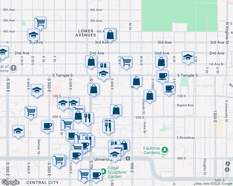 map of restaurants, bars, coffee shops, grocery stores, and more near 836 100 South in Salt Lake City