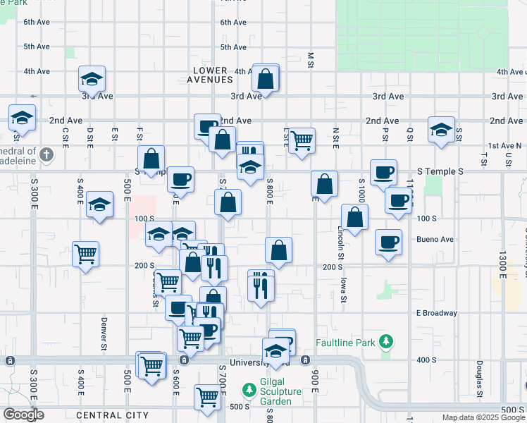 map of restaurants, bars, coffee shops, grocery stores, and more near 110 M Street in Salt Lake City