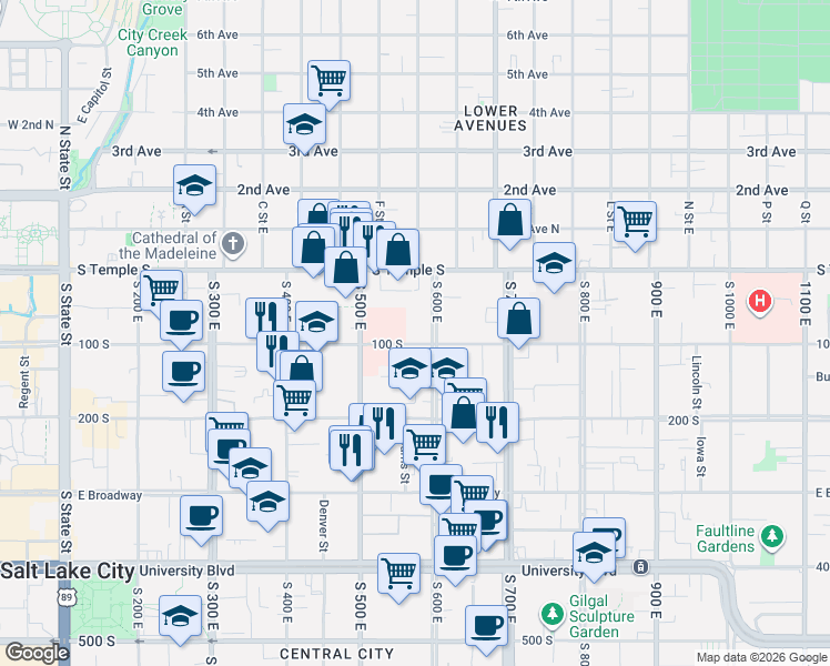 map of restaurants, bars, coffee shops, grocery stores, and more near 574 East 100 South in Salt Lake City