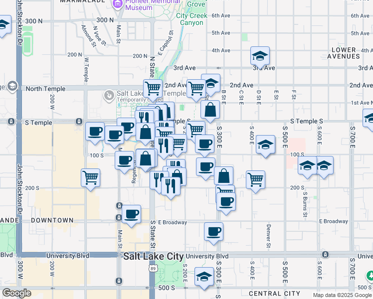 map of restaurants, bars, coffee shops, grocery stores, and more near 101 South 200 East in Salt Lake City