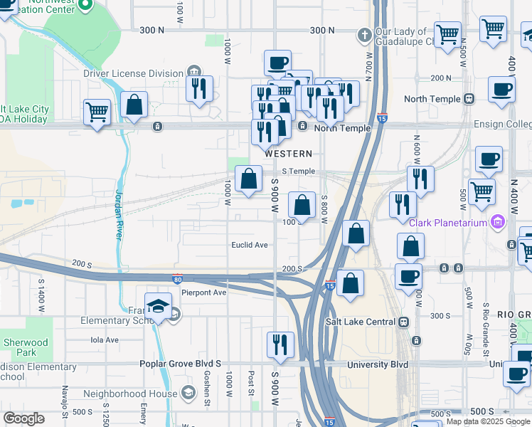 map of restaurants, bars, coffee shops, grocery stores, and more near 931 West 100 South in Salt Lake City