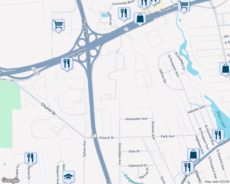 map of restaurants, bars, coffee shops, grocery stores, and more near 141 Clubhouse Drive in Bayport